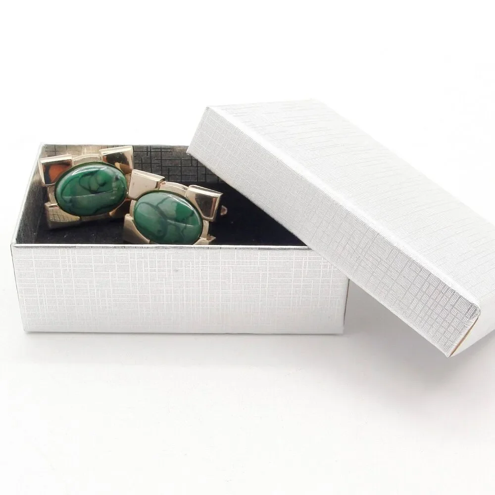 Vintage Hickok Cufflinks Gold Tone Green Slag Marbled Cabochon MCM Groom Formal